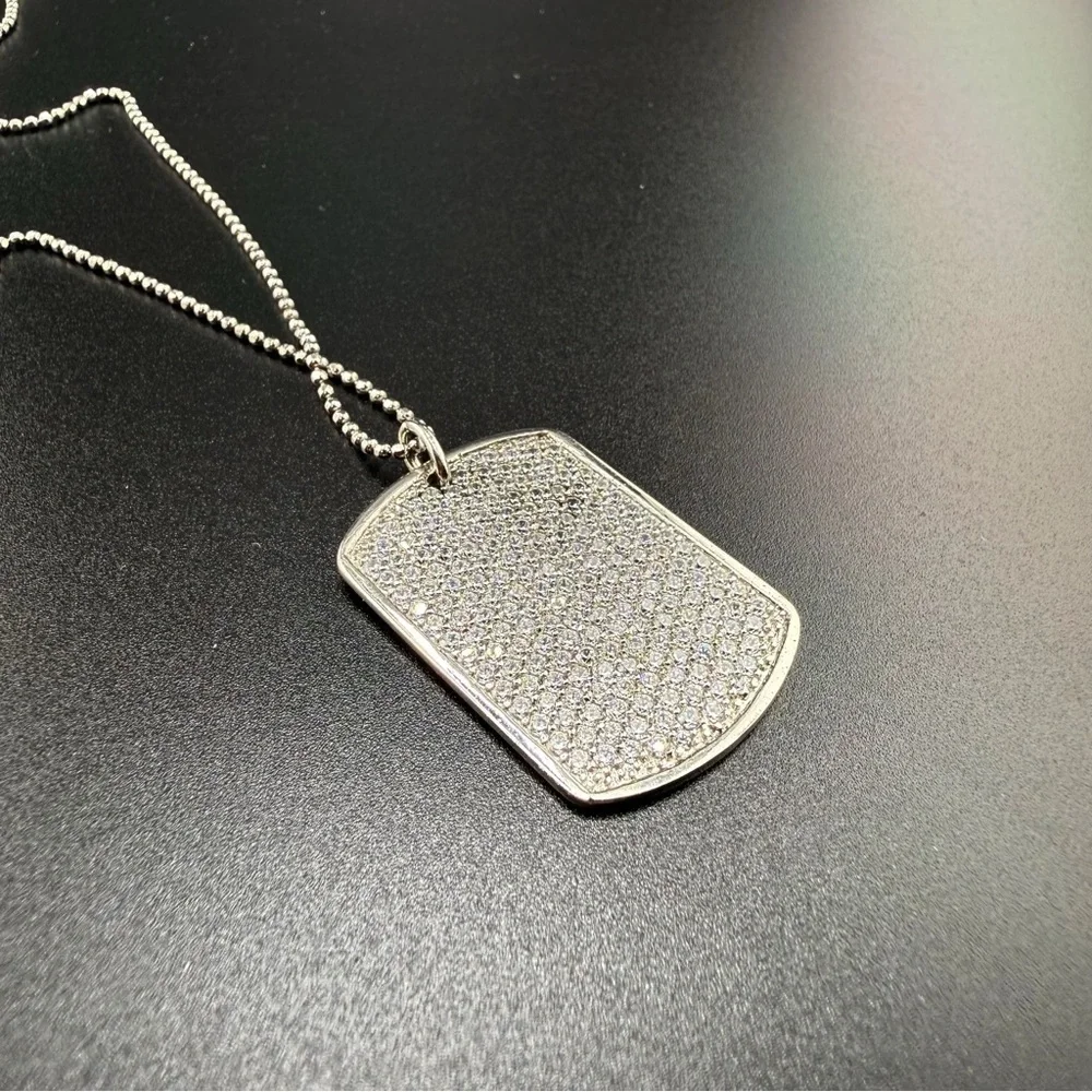 925 Sterling Silver CZ Dog Tag Necklace Made in Turkey Ball Chain Unisex Pendant